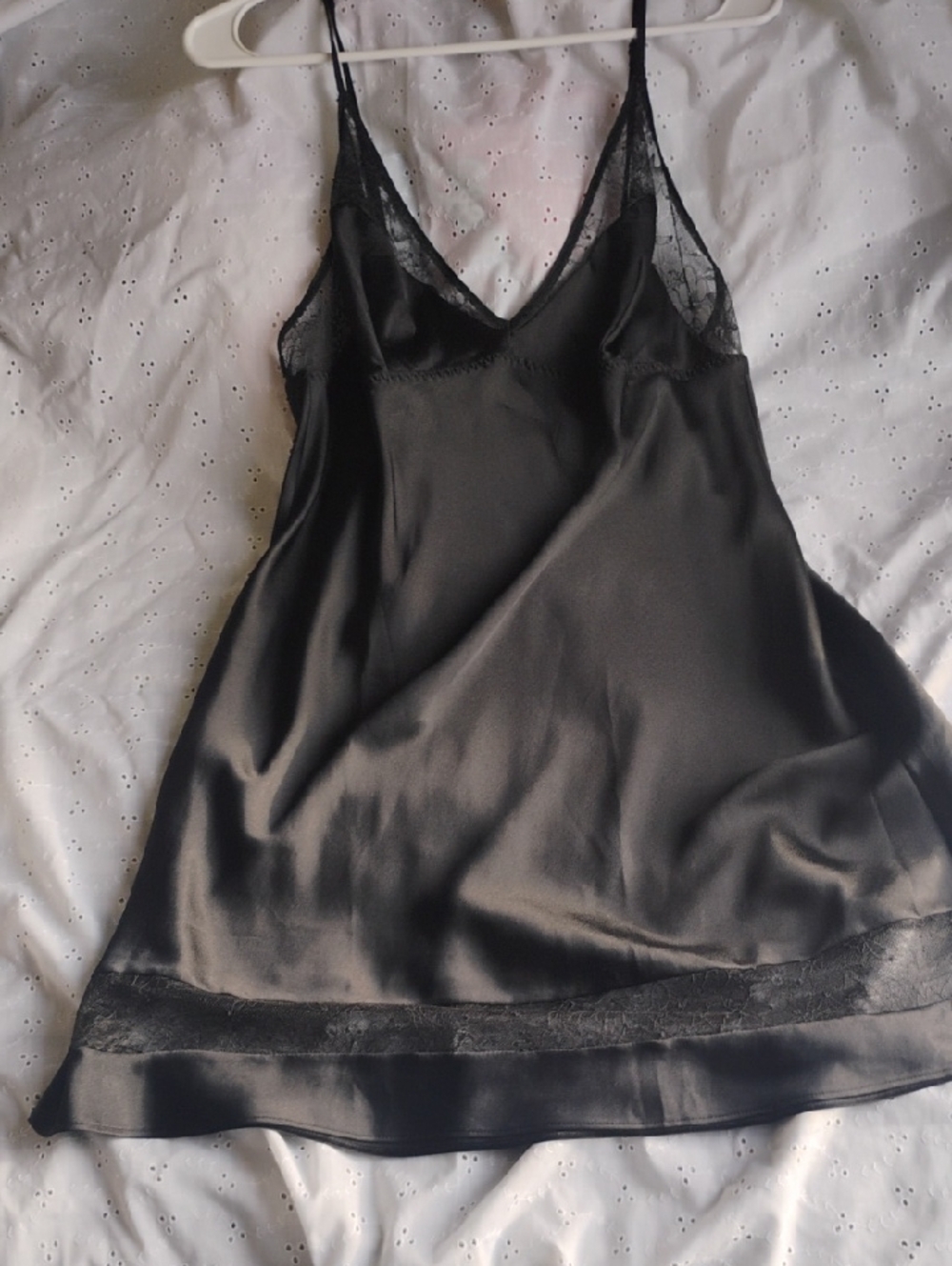 PINK Victoria's Secret Black Satin Lace-Trim Slip Chemise